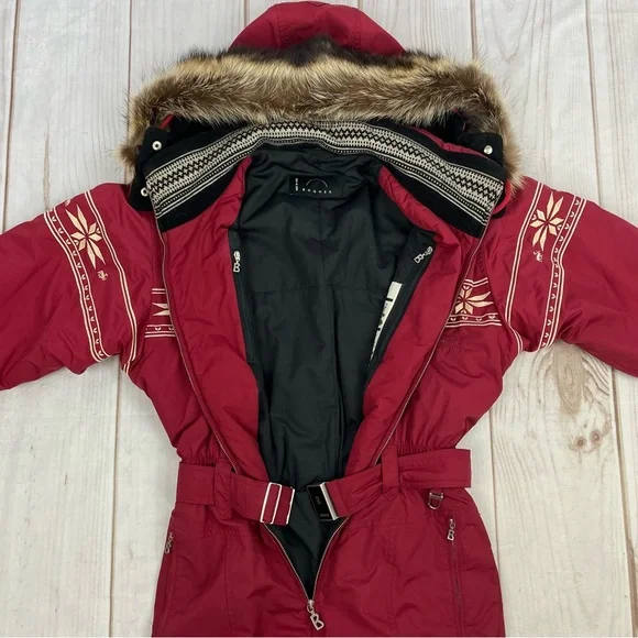 Vintage Bogner One-Piece Embroidered Ski Suit Fur Trimmed Hood Burgundy Sz 10 - Picture 16 of 16